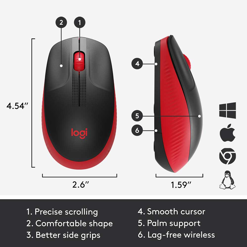 Rato ptico Logitech M190 Full-Size Wireless Mouse 1000DPI Vermelho 4