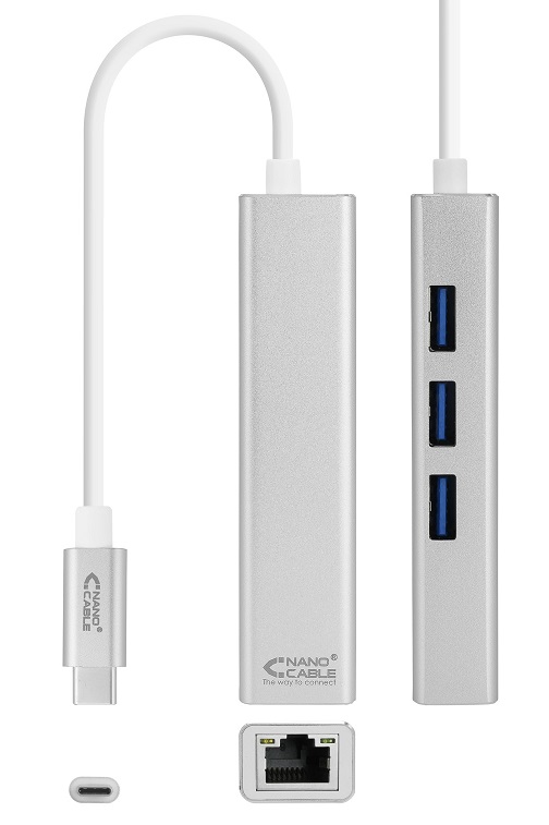 Cabo Nanocable Conversor USB-C a Ethernet Gigabit + 3xUSB 3.0 Aluminio 15 cm 2
