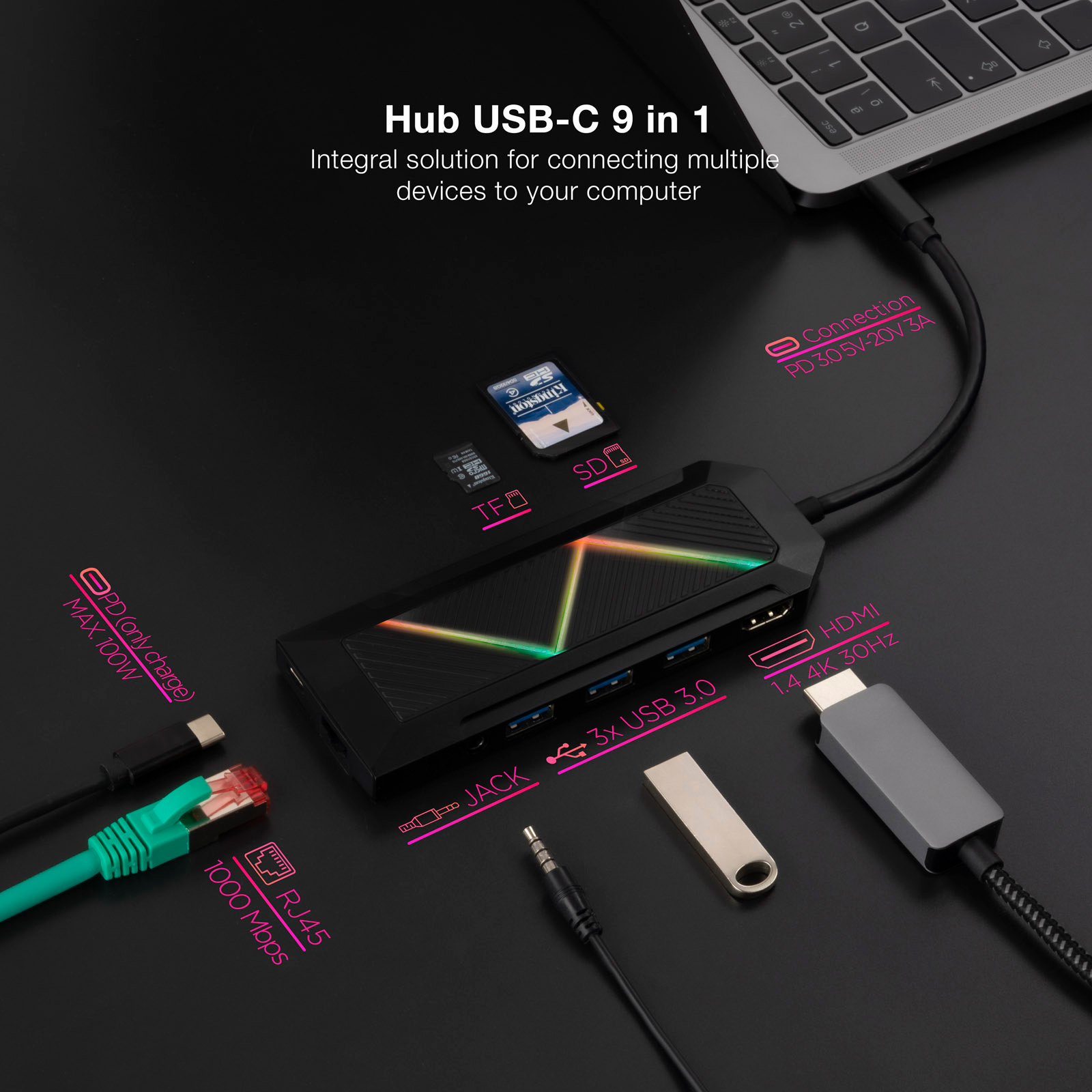 Hub USB-C Nanocable 9 em 1 - 3x USB-A. USB-C PD. HDMI, RJ45, TF, SD, Audio 2