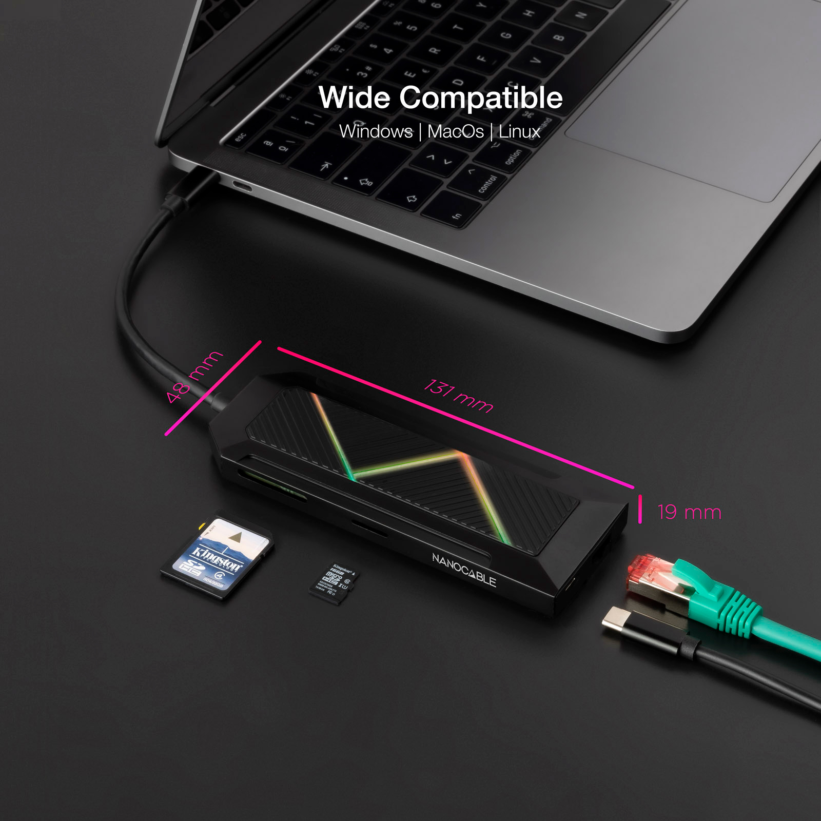 Hub USB-C Nanocable 9 em 1 - 3x USB-A. USB-C PD. HDMI, RJ45, TF, SD, Audio 3