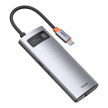 Adaptador Baseus Metal Gleam Series USB-C 6-em-1 (HDMI + USB-A 3.2 + USB-C 100W + RJ45) Cinza 1