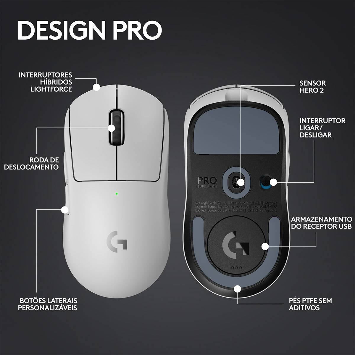 Rato Óptico Logitech G Pro X Superlight 2 Wireless 25600DPI Branco 4