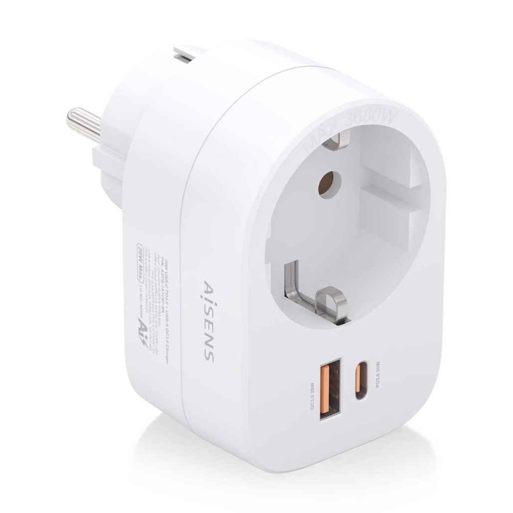 Tomada de Parede Aisens com 1 Tomada + 1xUSB-C 20W PD3.0, 1xUSB-A 20W QC3.0 Branca 1