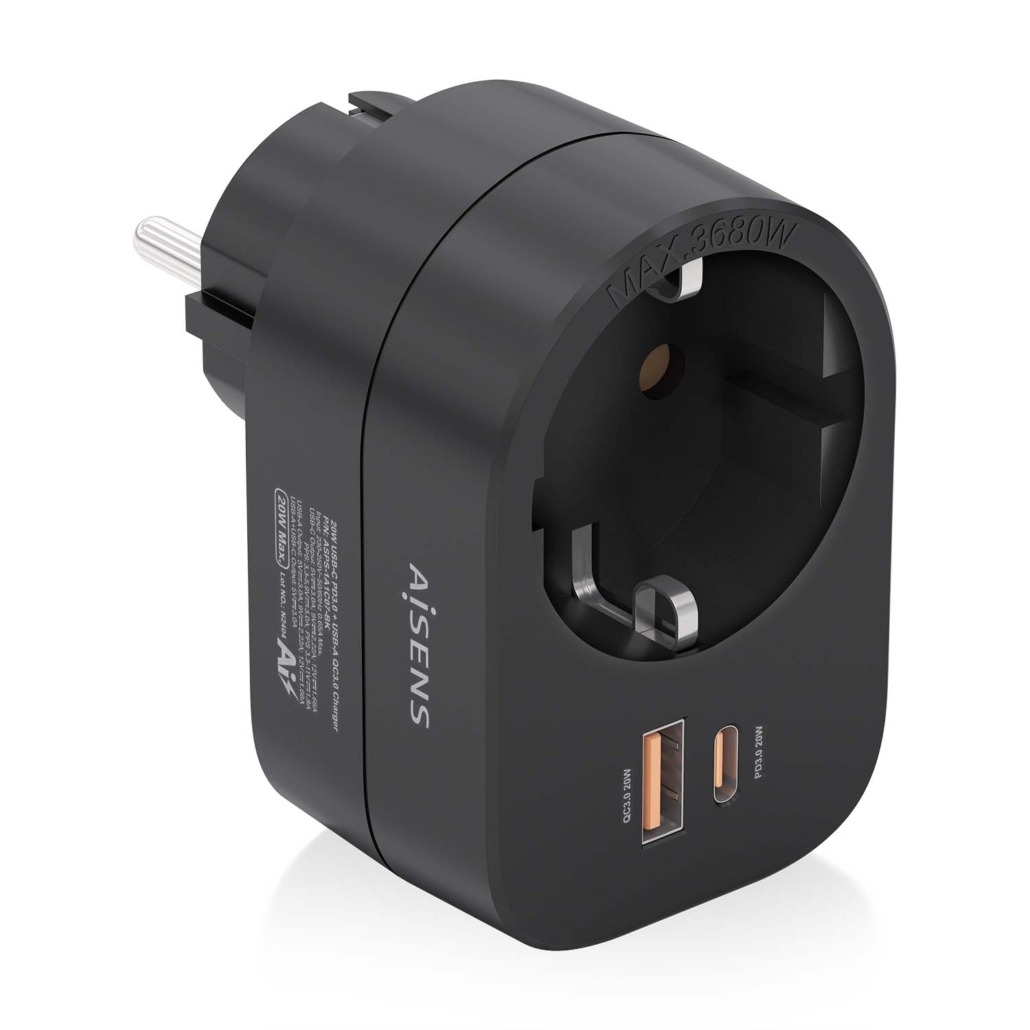 Tomada de Parede Aisens com 1 Tomada + 1xUSB-C 20W PD3.0, 1xUSB-A 20W QC3.0 Preta 1