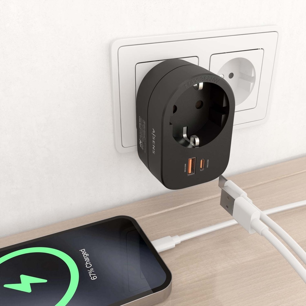 Tomada de Parede Aisens com 1 Tomada + 1xUSB-C 20W PD3.0, 1xUSB-A 20W QC3.0 Preta 4