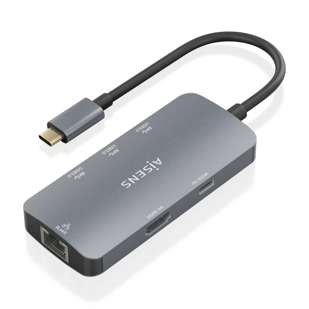 Dock Aisens USB-C 6 em 1, USB-C para 1xHDMI, 1xRJ45, 3xUSB-A, 1xUSB-C PD Cinza 1