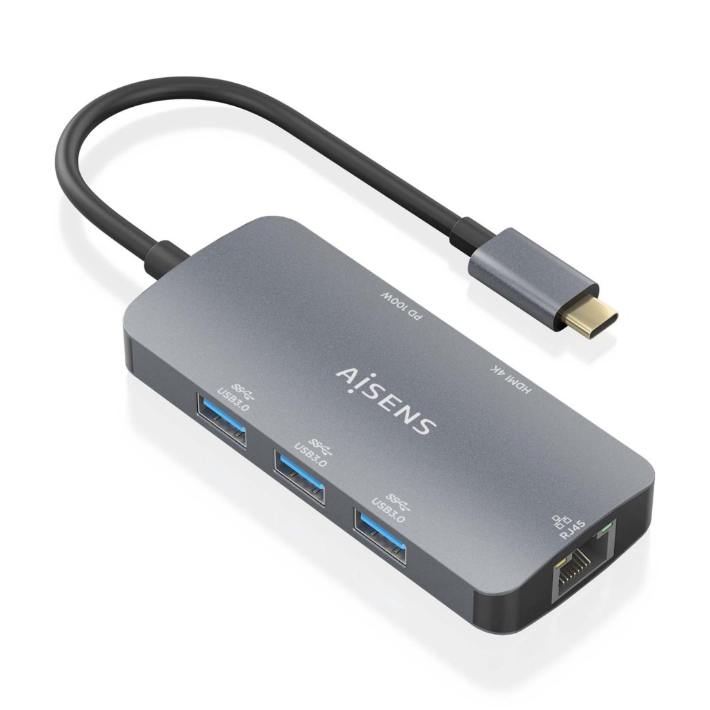 Dock Aisens USB-C 6 em 1, USB-C para 1xHDMI, 1xRJ45, 3xUSB-A, 1xUSB-C PD Cinza 2