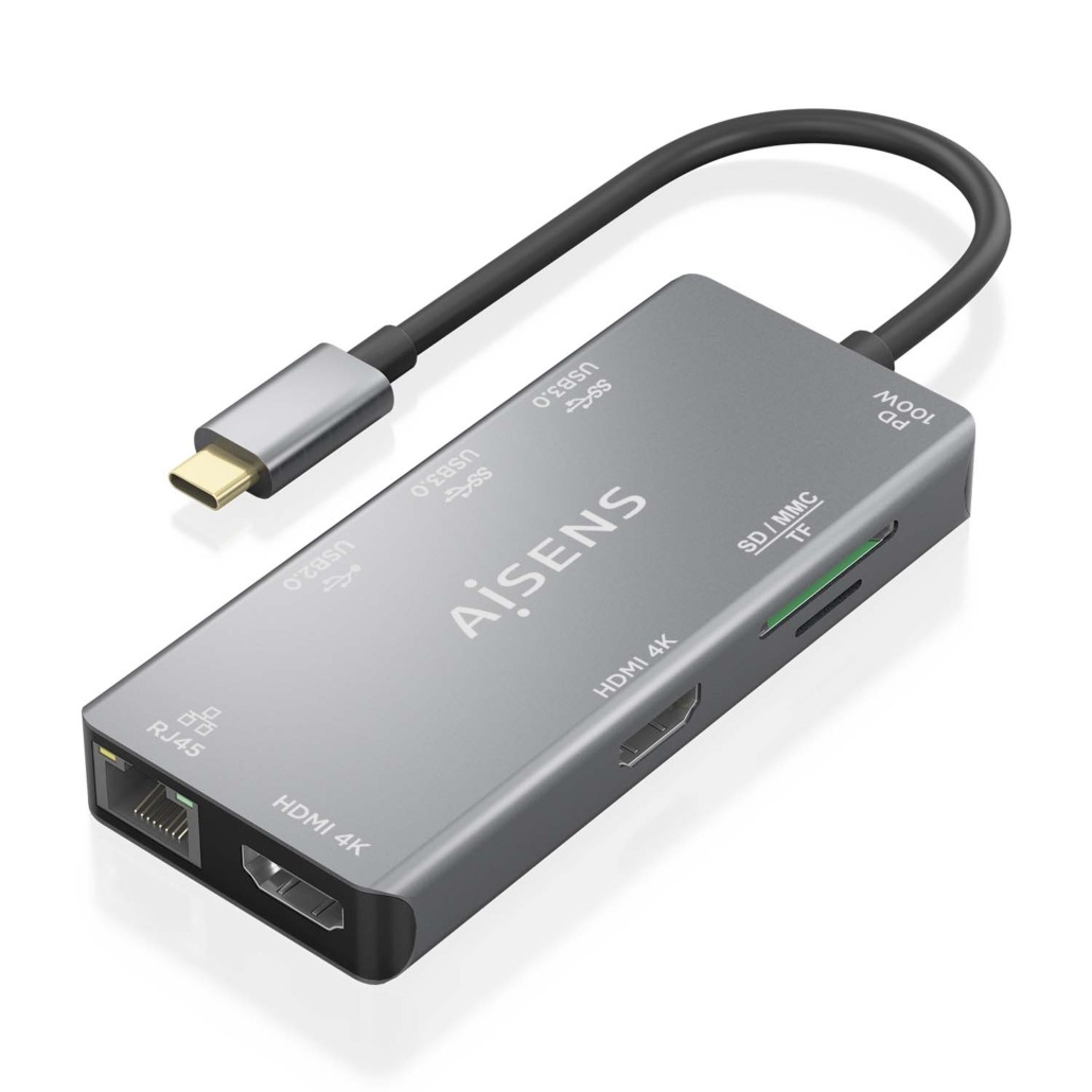 Dock Aisens USB-C 9 em 1, USB-C para 2xHDMI, 1xRJ45, 2xUSB-A USB3.0, 1xUSB-A USB2.0, 1xUSB-C PD, 1xSD, 1xMicro SD, Cinza 1