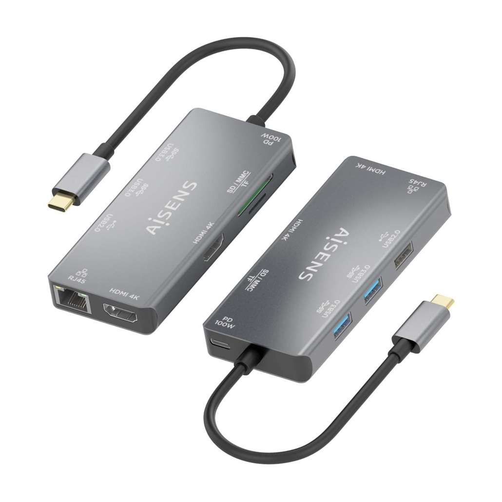 Dock Aisens USB-C 9 em 1, USB-C para 2xHDMI, 1xRJ45, 2xUSB-A USB3.0, 1xUSB-A USB2.0, 1xUSB-C PD, 1xSD, 1xMicro SD, Cinza 2