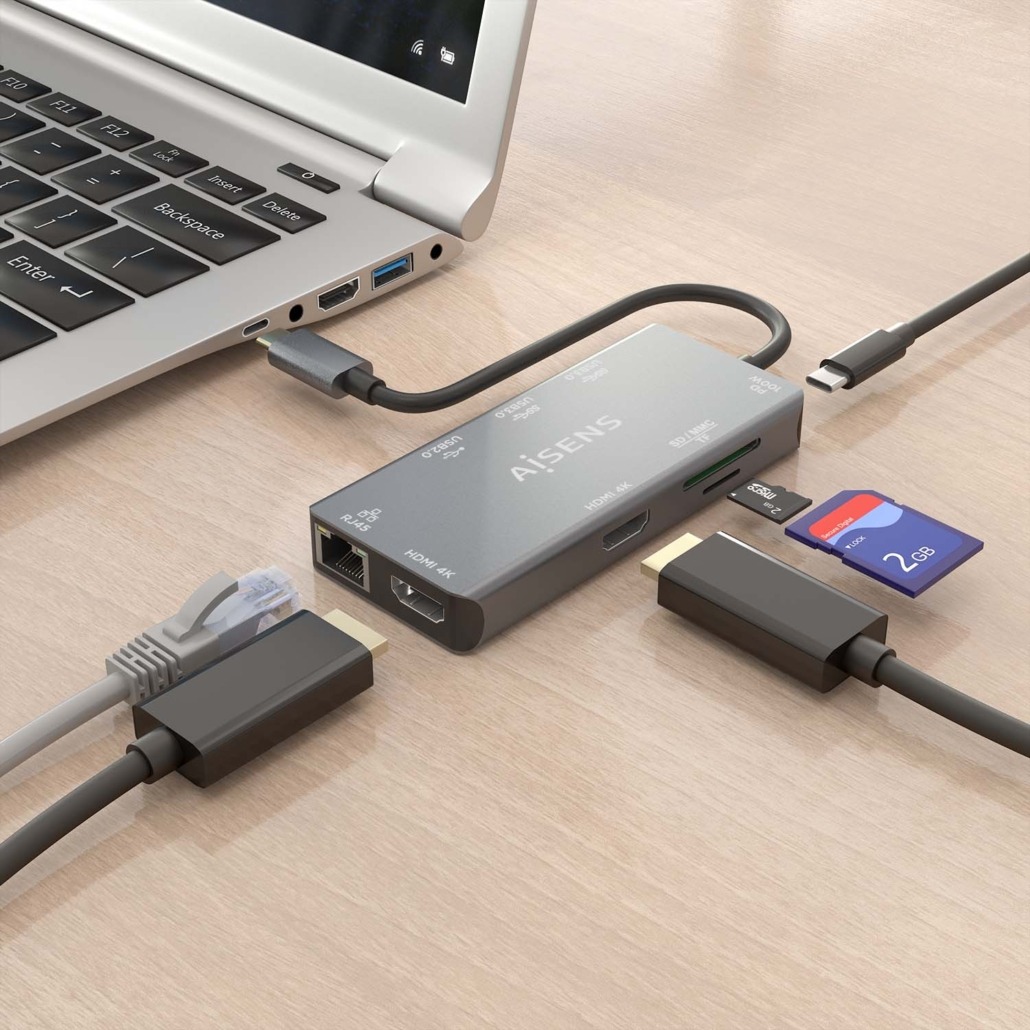 Dock Aisens USB-C 9 em 1, USB-C para 2xHDMI, 1xRJ45, 2xUSB-A USB3.0, 1xUSB-A USB2.0, 1xUSB-C PD, 1xSD, 1xMicro SD, Cinza 3