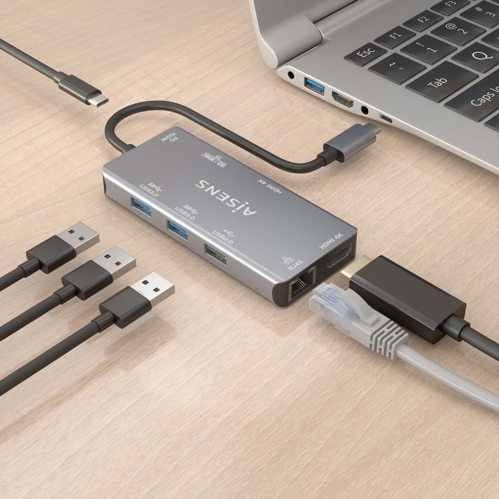 Dock Aisens USB-C 9 em 1, USB-C para 2xHDMI, 1xRJ45, 2xUSB-A USB3.0, 1xUSB-A USB2.0, 1xUSB-C PD, 1xSD, 1xMicro SD, Cinza 4